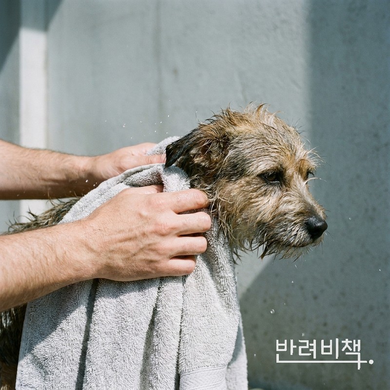 목욕 후 강아지 털 안쪽까지 말려 피부를 관리하는 모습