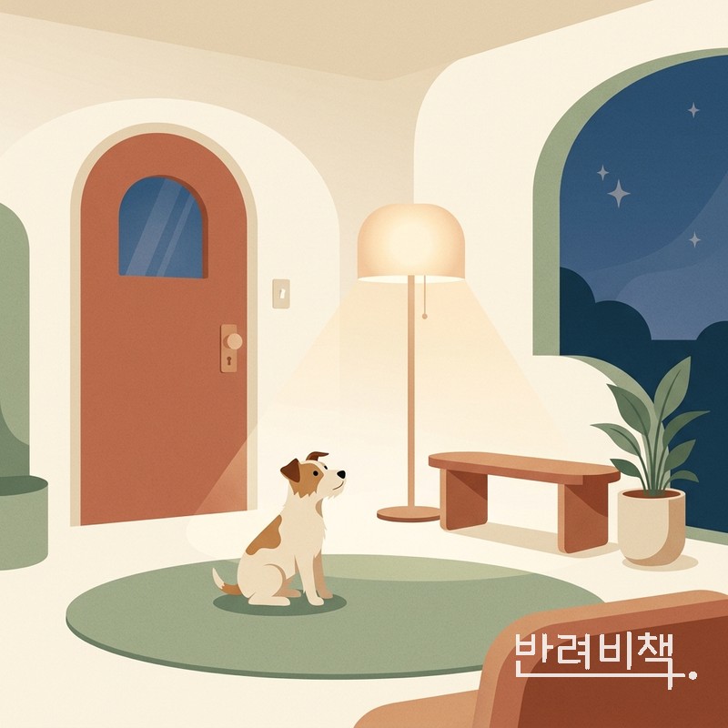저녁에 현관 앞에서 보호자를 기다리는 강아지 dog waiting at the door