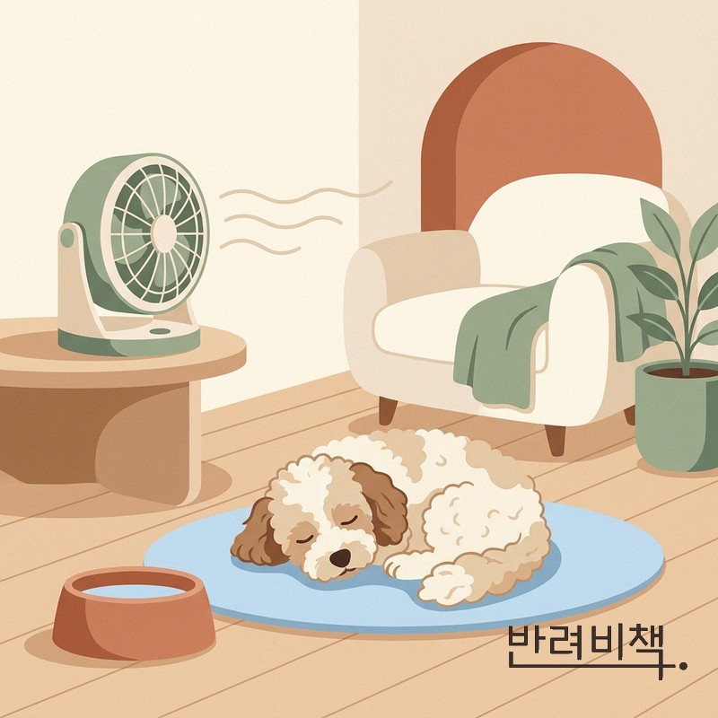 쿨매트에서 쉬는 강아지와 물그릇 dog on cooling mat with water bowl